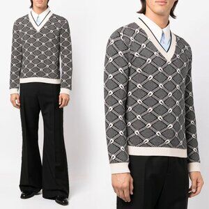 GUCCI SWEATER MENS V-NECK HORSESHOE JACQUARD JUMPER sz M / MEDIUM